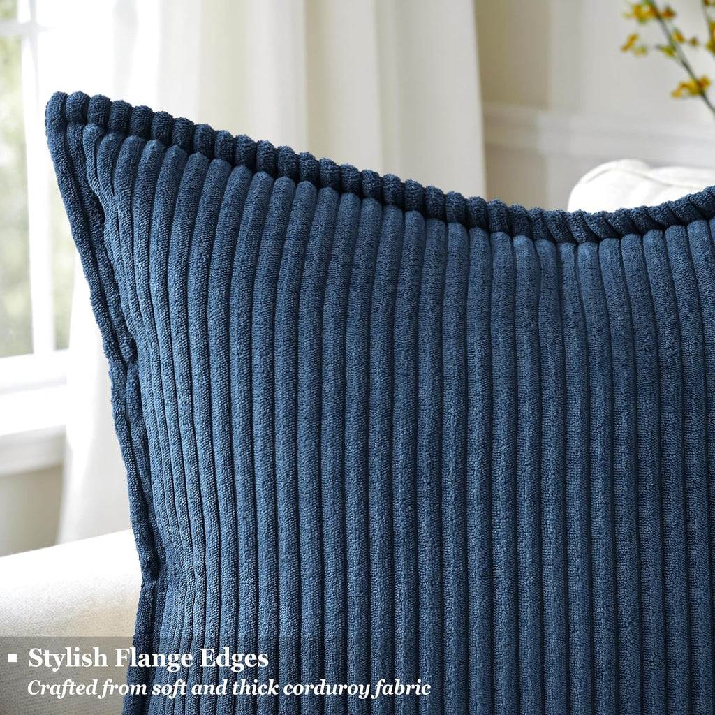 decorUhome Summer Corduroy Navy Blue Throw Pillow Covers 18x18 Set of 2 Decorative Soft Boho Farmhouse Couch Pillow Covers for Living Room…
