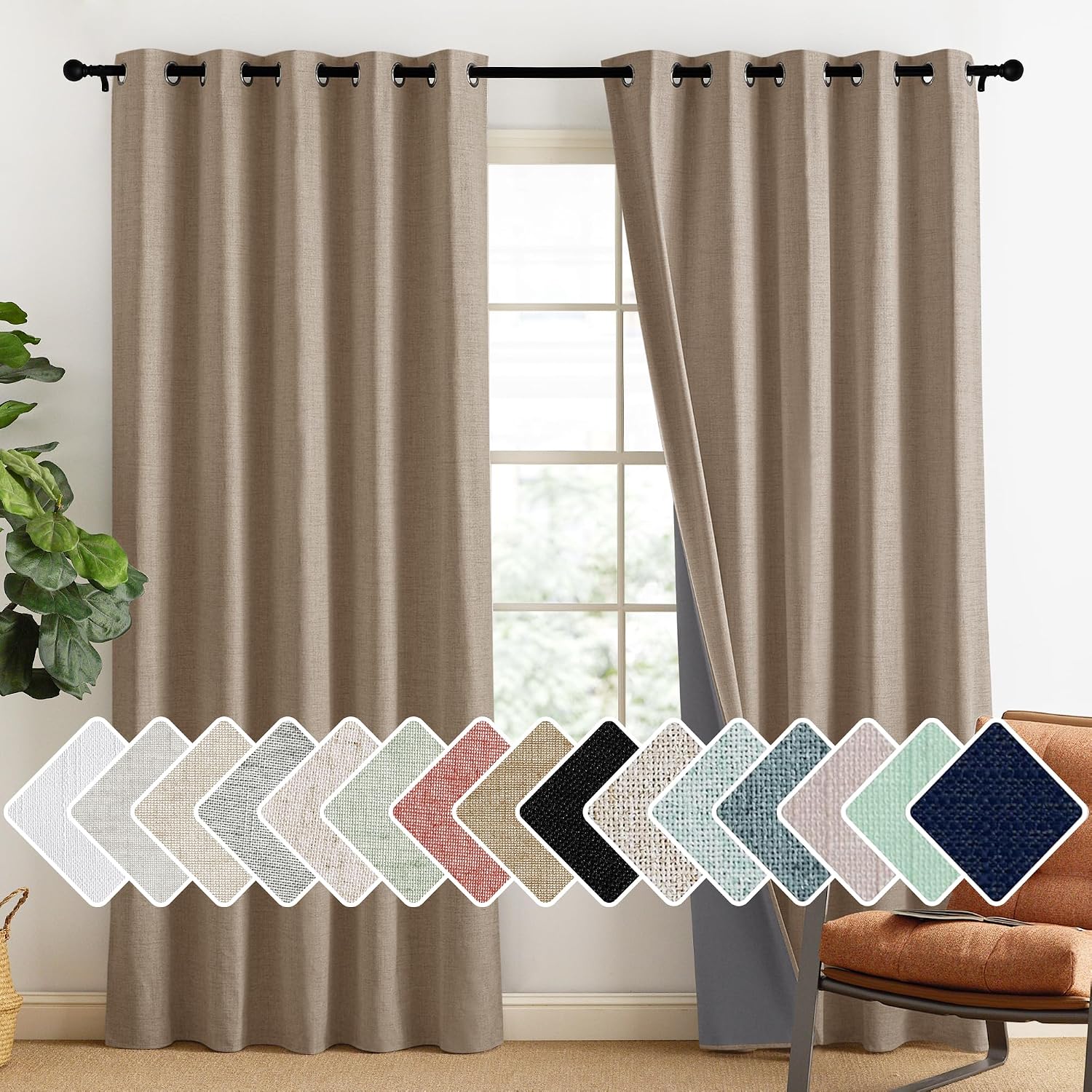 NICETOWN Burlap Vintage Open Linen Weave Flax Thermal Curtains, 100% Blackout Curtains 90" Long for Dining Room, Soundproof Window…