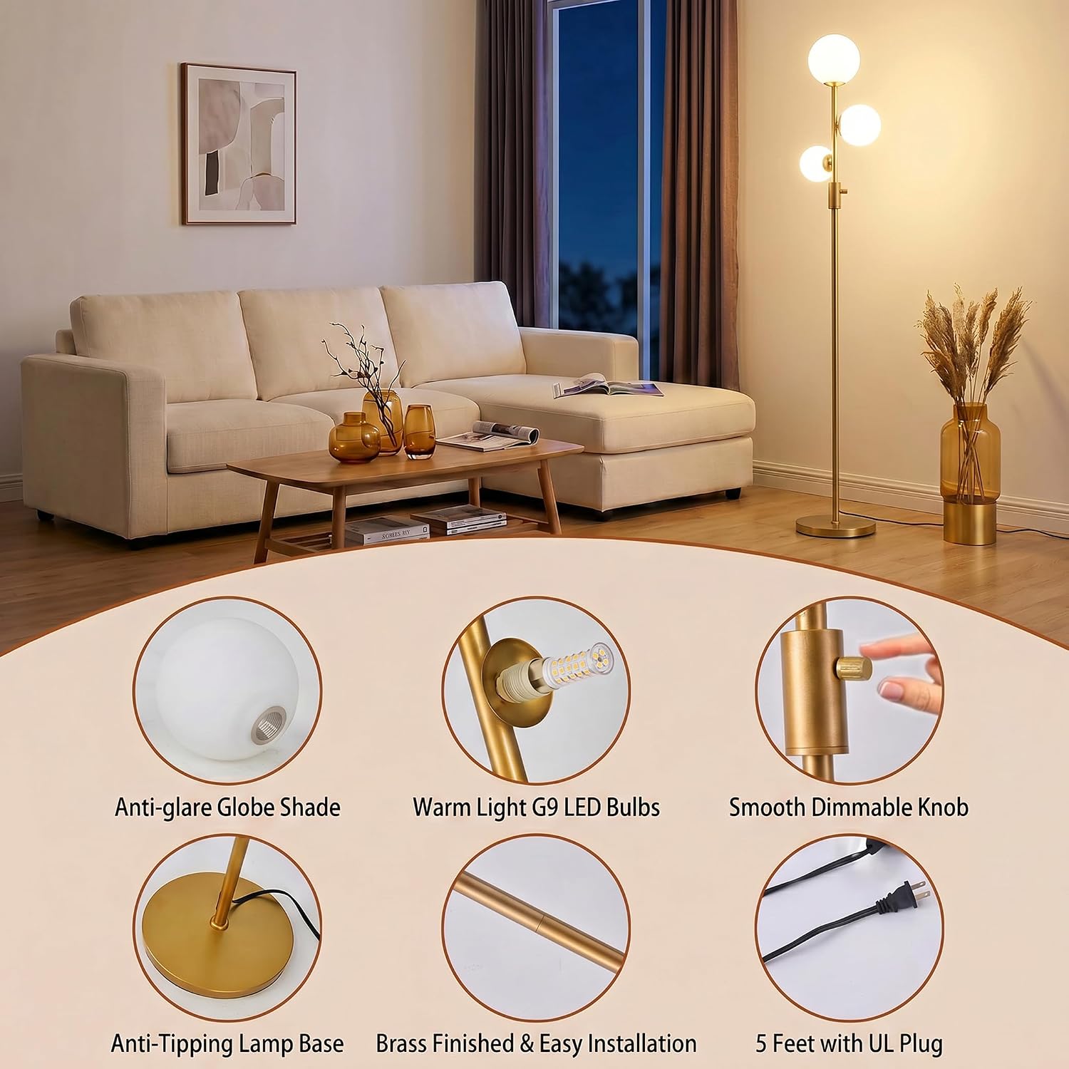 Fiqevs Dimmable 3 Globe Floor Lamp - Mid Century Modern Gold Standing Lamp with Frosted Glass Shade & LED Bulbs for Living Room, Bedroom…