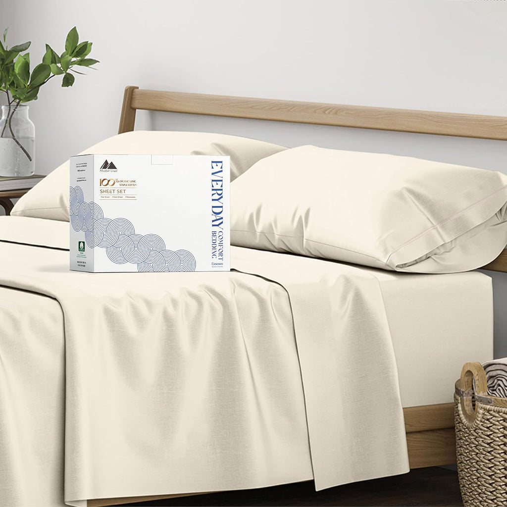 Mayfair Linen 100% Organic Cotton Sheets California King Size - 4 PC Organic Cotton Cal King Size Percale Weave Sheet Set, Soft, Cooling…