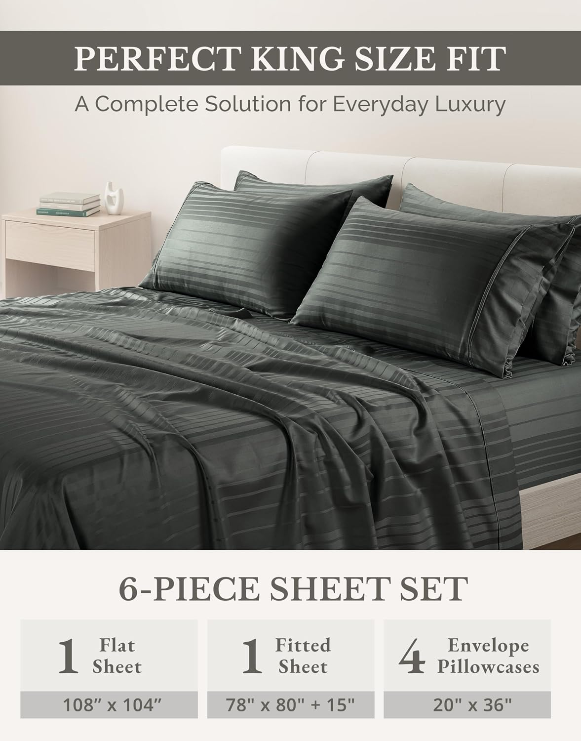 Casa Platino 100% Cotton Sheets King Size - 6 Pcs (1 Flat, 1 Fitted, 4 Pillowcases) - Striped 500 TC - Super Soft & Breathable, Ultra…