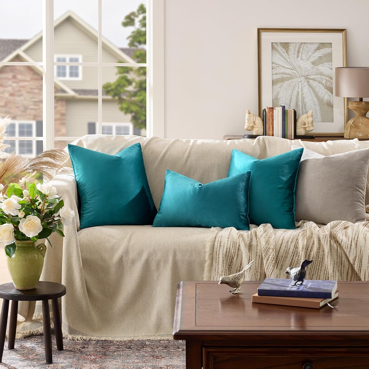 GIGIZAZAFocusingonhomedecoration GIGIZAZA Decorative Couch Throw Pillow Covers, Set of 2 Teal Peacock Green Square Pillow Cushion Covers 22x…