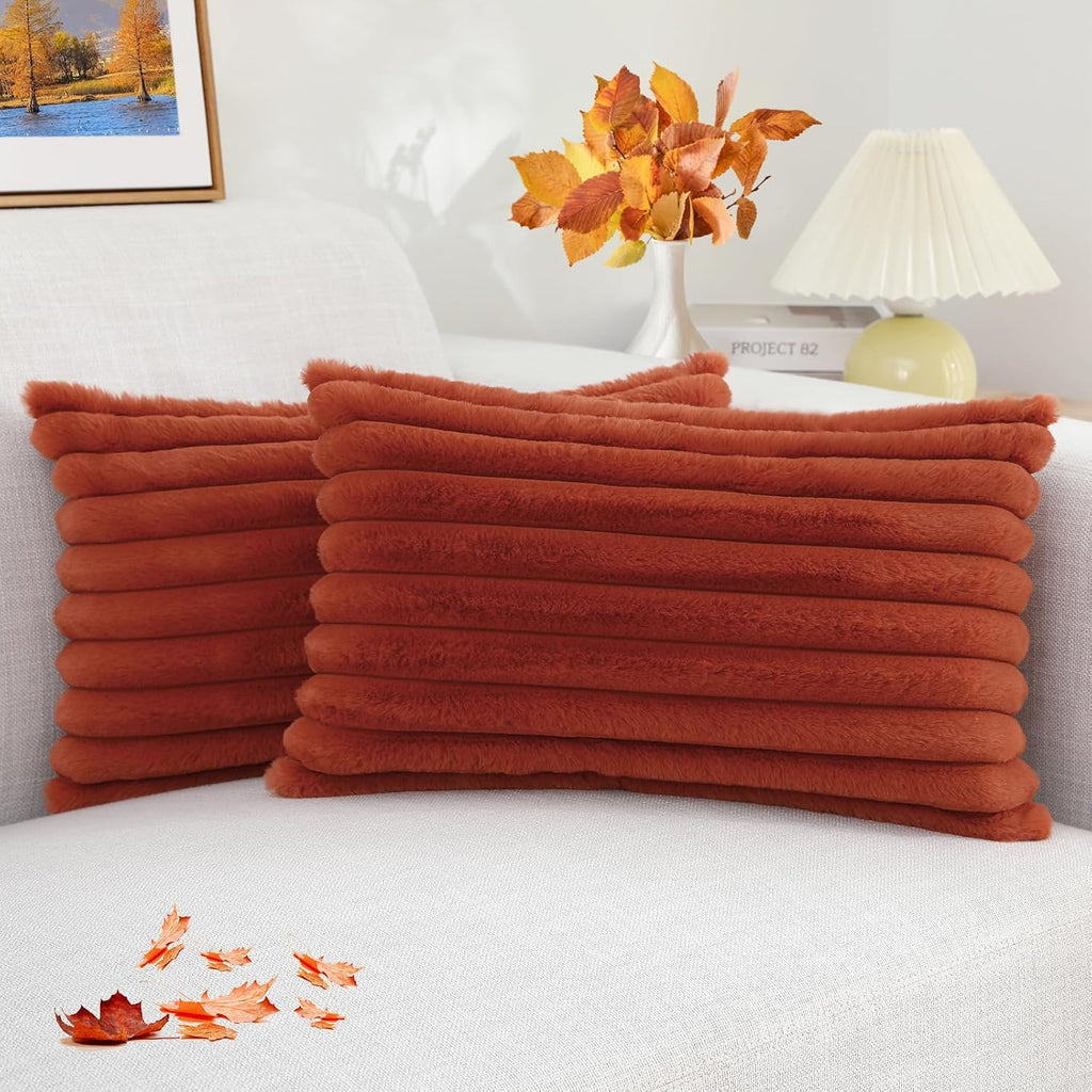 decorUhome Cozy Faux Fur Throw Pillow Covers 12x20 Set of 2 Decorative Soft Plush Striped Lumbar Modern Farmhouse Boho Couch Pillow Cases w…