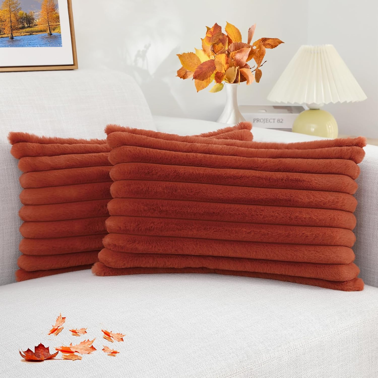decorUhome Cozy Faux Fur Throw Pillow Covers 12x20 Set of 2 Decorative Soft Plush Striped Lumbar Modern Farmhouse Boho Couch Pillow Cases w…