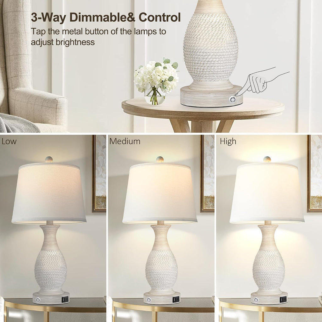 PARTPHONER Set of 2 Table Lamps with USB C+A Fast Charging Ports, 26" Tall Farmhouse Living Room Lamp with 3-Way Dimmable Nightstand Lamp…