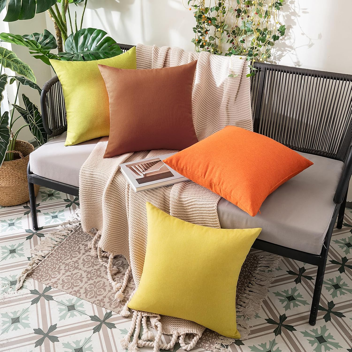 Miulee Pack of 2 Decorative Outdoor Solid Waterproof Throw Pillow Covers Euro Sham Faux Linen Garden Farmhouse Cushion Cases for Summer Pat…