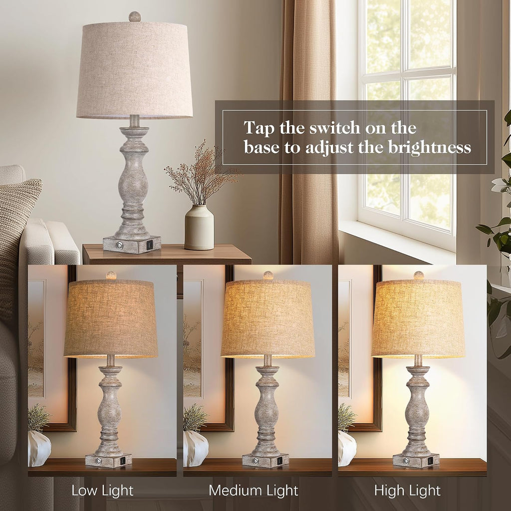 24.5" Table Lamp Set of 2, Rustic Farmhouse Bedside Lamps with USB A+C Charging Ports, 3-Way Dimmable Touch Control Nightstand Lamps for…