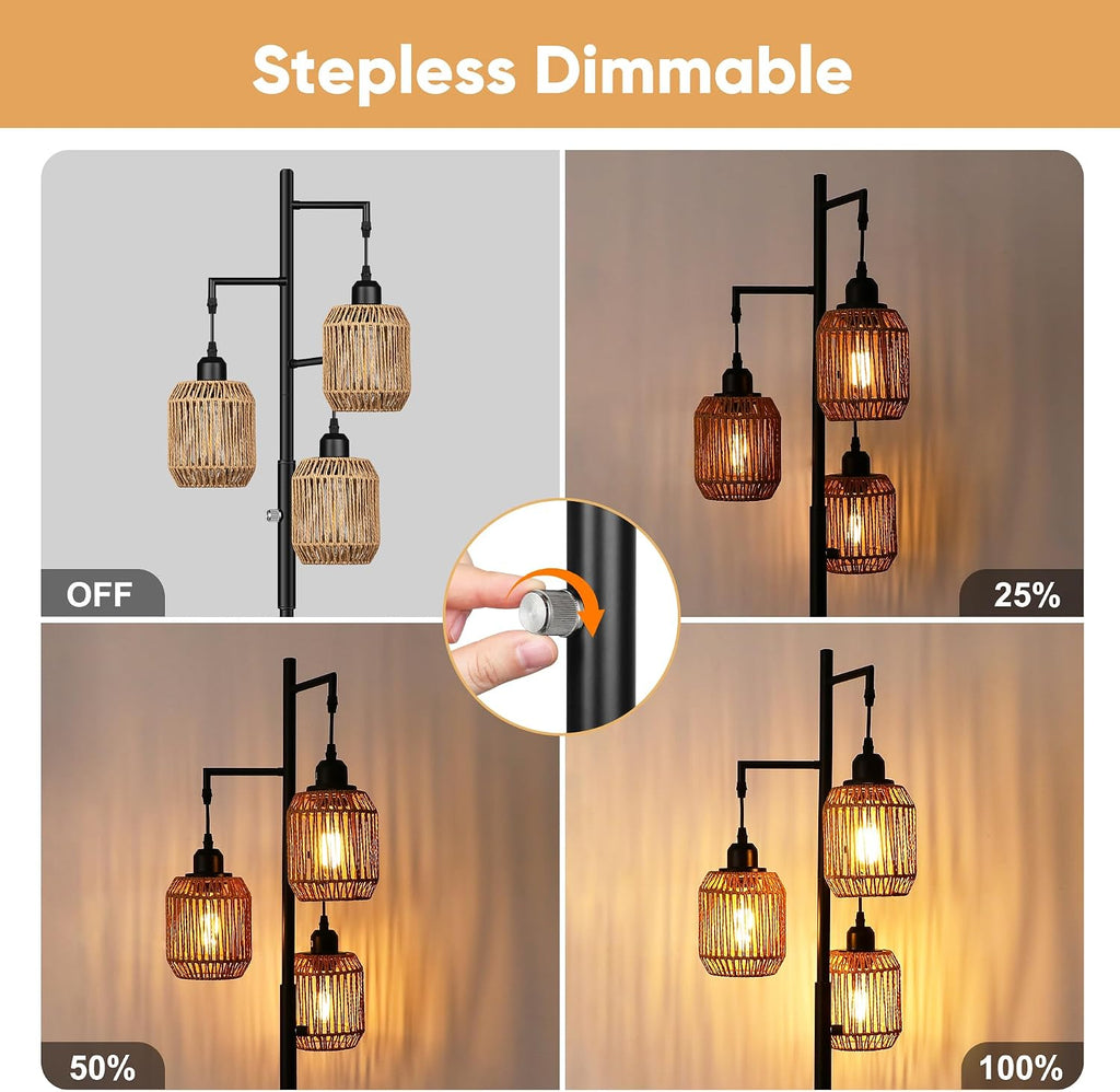 ROTTOGOON Dimmable Boho Floor Lamp - 3 Light Farmhouse Rattan Floor Lamp for Living Room, Industrial Tree Floor Lamps with 3 X 6W LED…