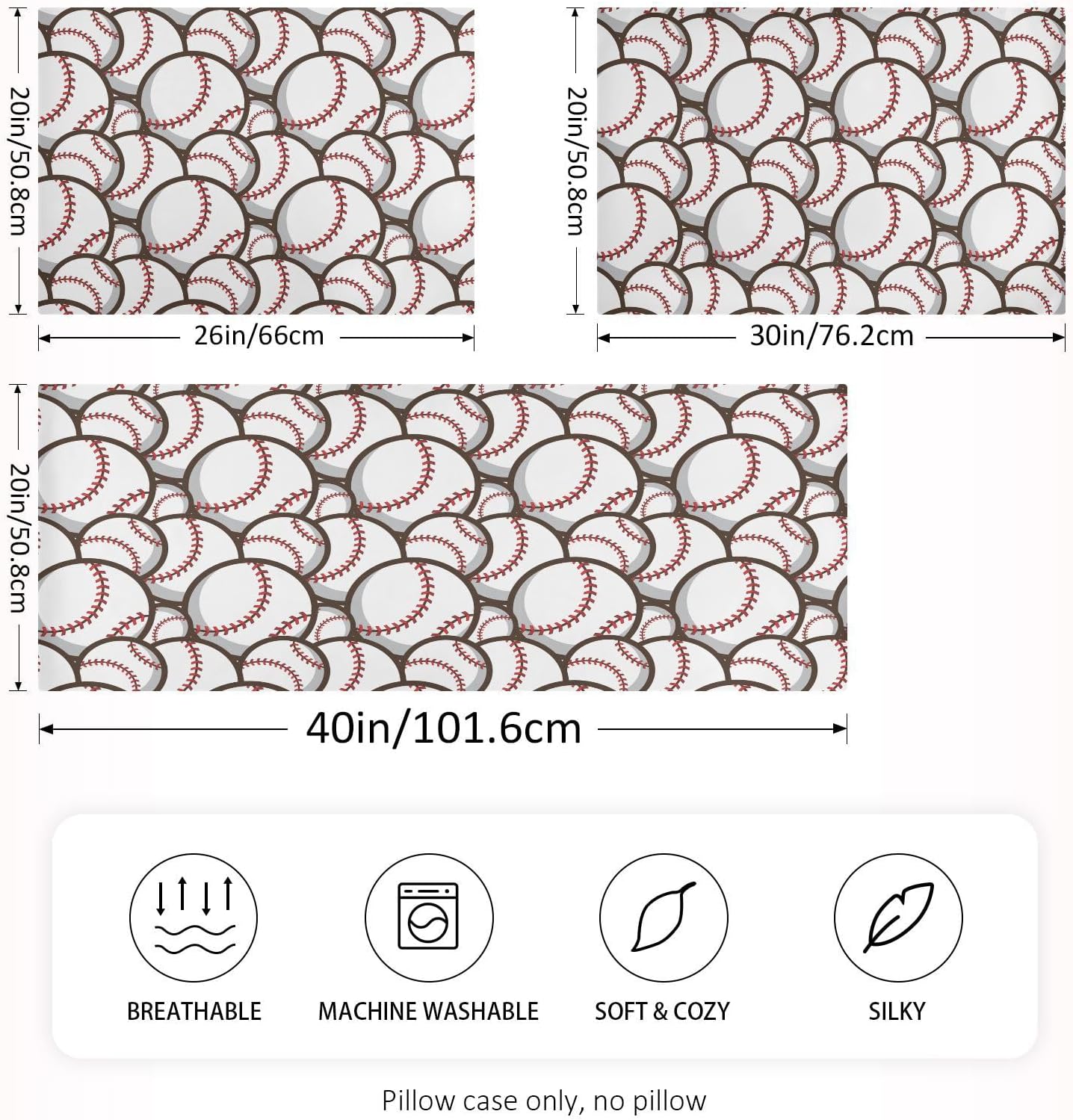 Ball Baseball White Print Pillow Covers Silk Pillowcase for Hair and Skin Soft Breathable Smooth Cooling Satin Pillowcase Standard Size…