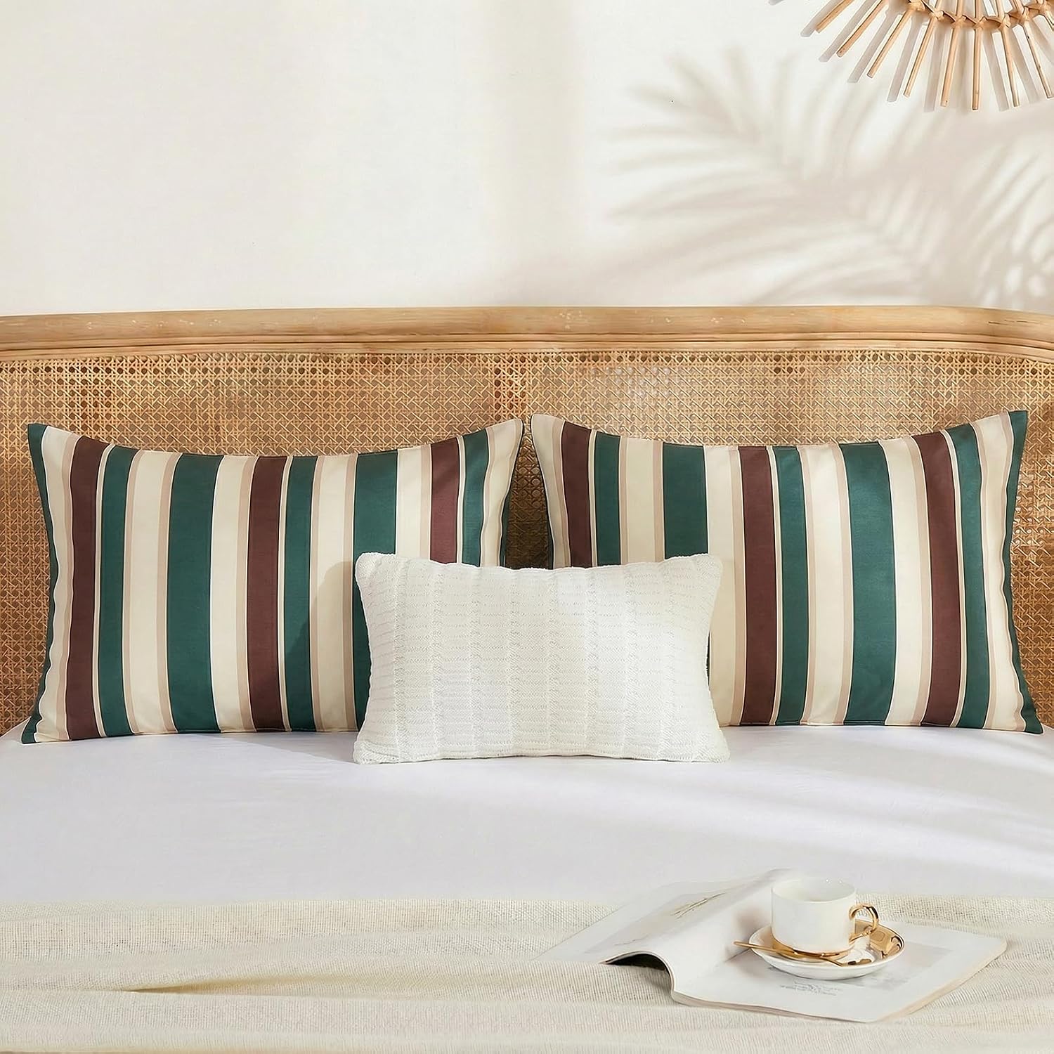 Merryword 100% Cotton Pillow Cases, Queen Size Pillowcases, Green Striped Pillowcases, Luxury Linen Like Pillowcase, Soft Breathable Cabana…