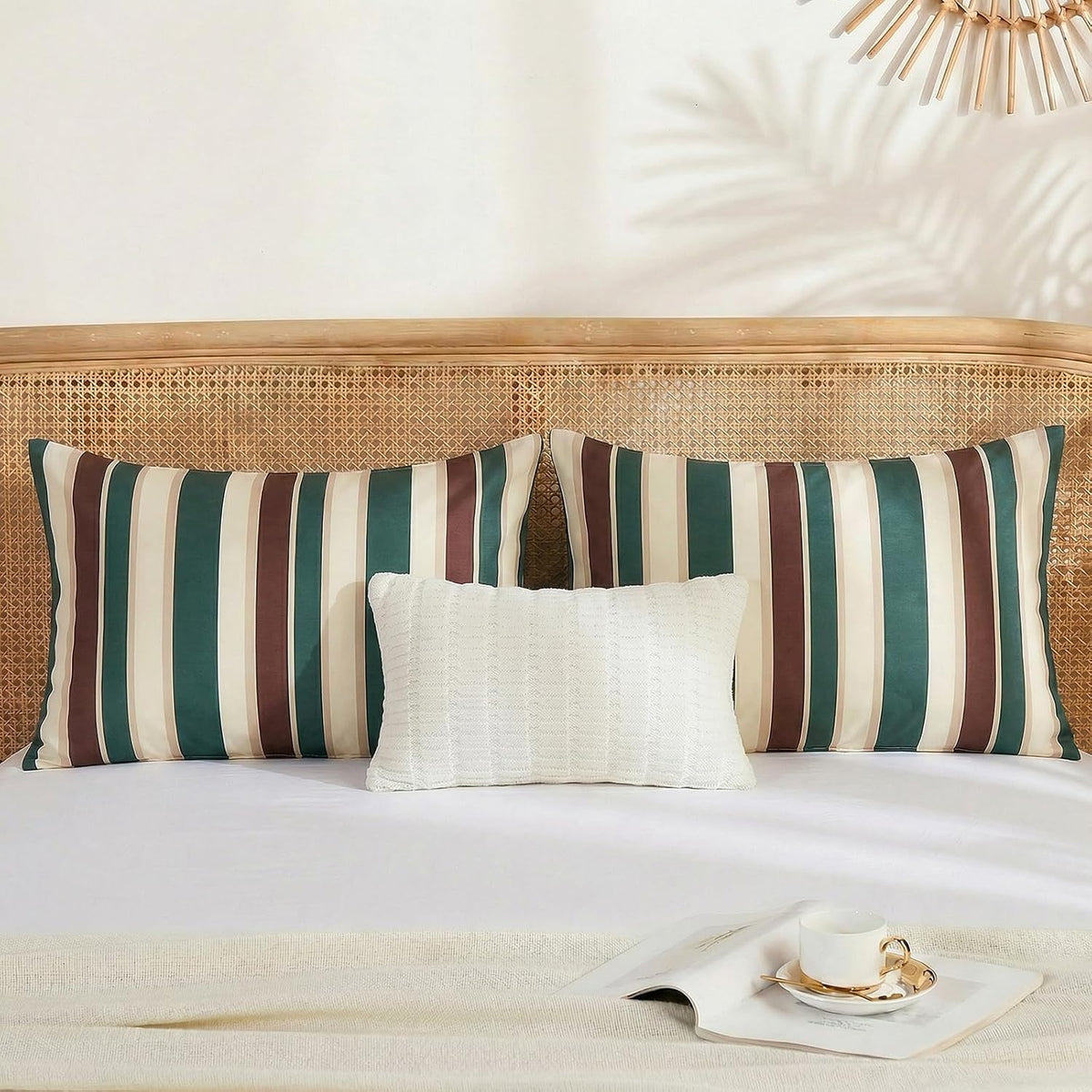 Merryword 100% Cotton Pillow Cases, King Size Pillowcases, Green Striped Pillowcases, Luxury Linen Like Pillowcase, Soft Breathable Cabana…