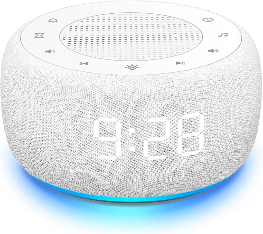 Buffbee Sound Machine & Alarm Clock 2-in-1, 0-100% Clock Face Brightness, Bottom Colored Light, Sleep Timer, Precise 30-Level Volume…