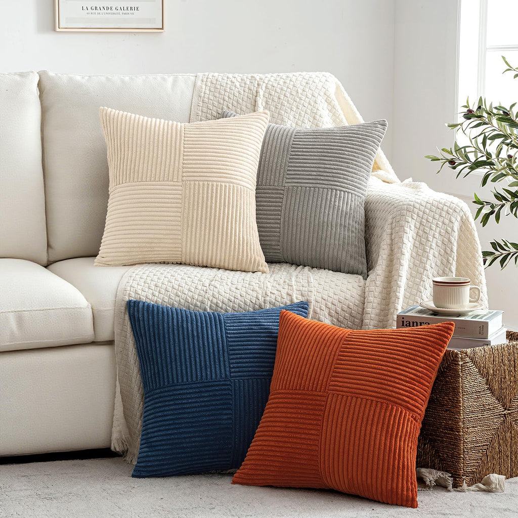 Miulee Blue Rust Throw Pillow Covers 18x18 Inch Set of 4 Boho Farmhouse Cushion Cases Soft Corduroy Nordic Corduroy Pillow Cases Patchwork…