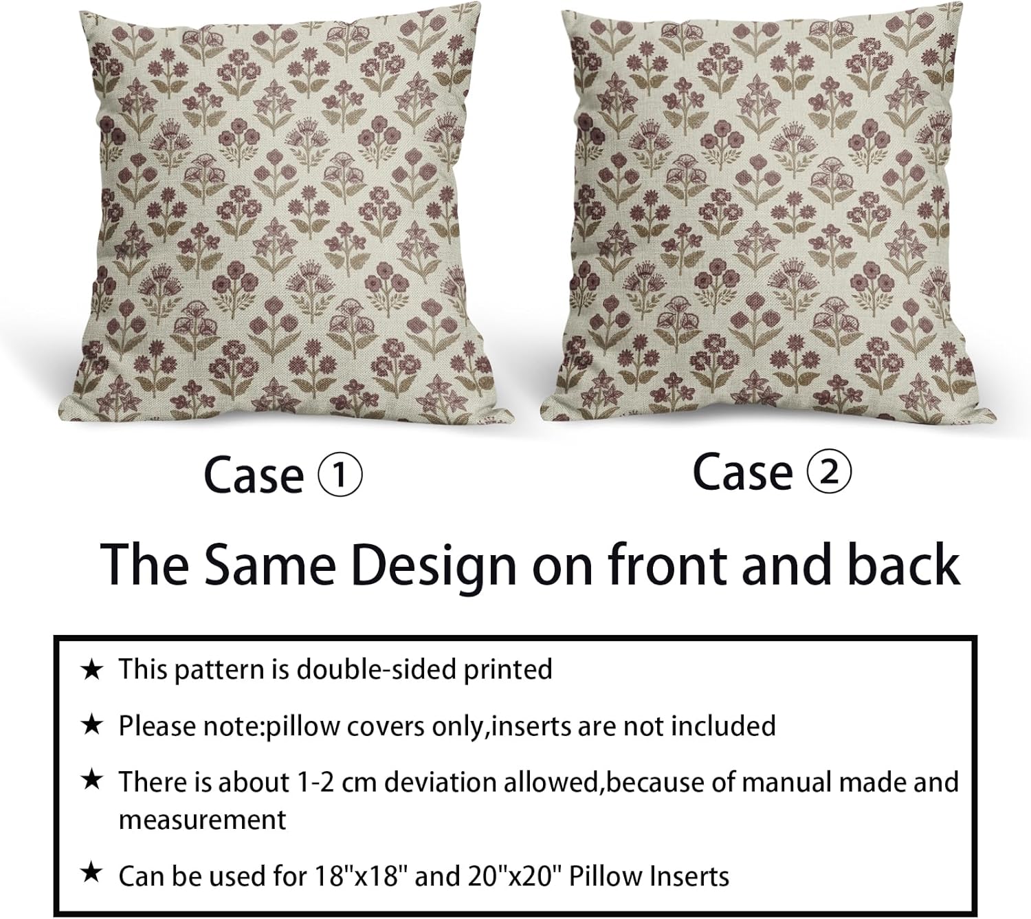 Brown Burgundy Red Floral Block Print Pillow Covers 20x20 Inch Set of 2, Vintage Flower Pattern Decorative Throw Pillowcases Outdoor…