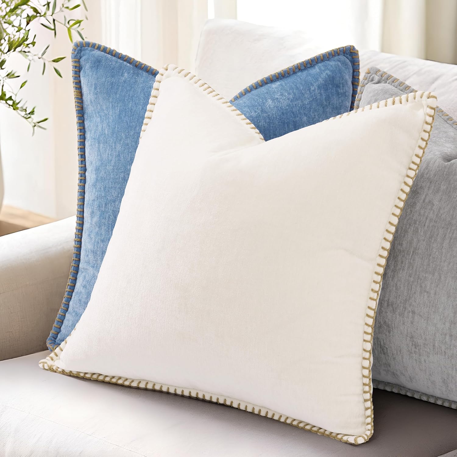 decorUhome Chenille Soft Cozy Throw Pillow Covers 16x16 Set of 2, Modern Farmhouse Boho Velvet Decorative Pillow Cases with Stitched Edge f…