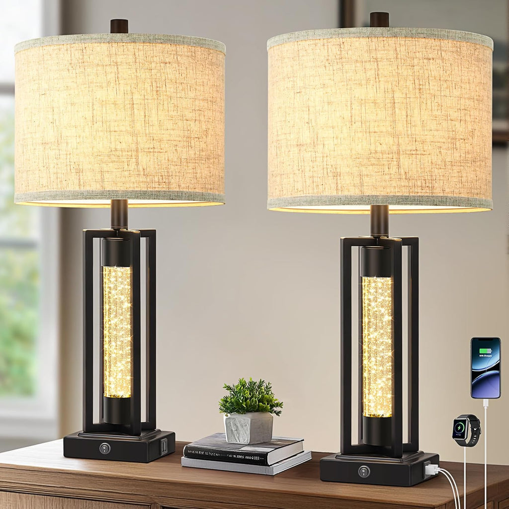 Tobusa 26’’ Farmhouse Table Lamps for Living Room with Crystal Night Light Set of 2, Modern Nightstand Lamps with 2 USB Ports, Vintage Home…