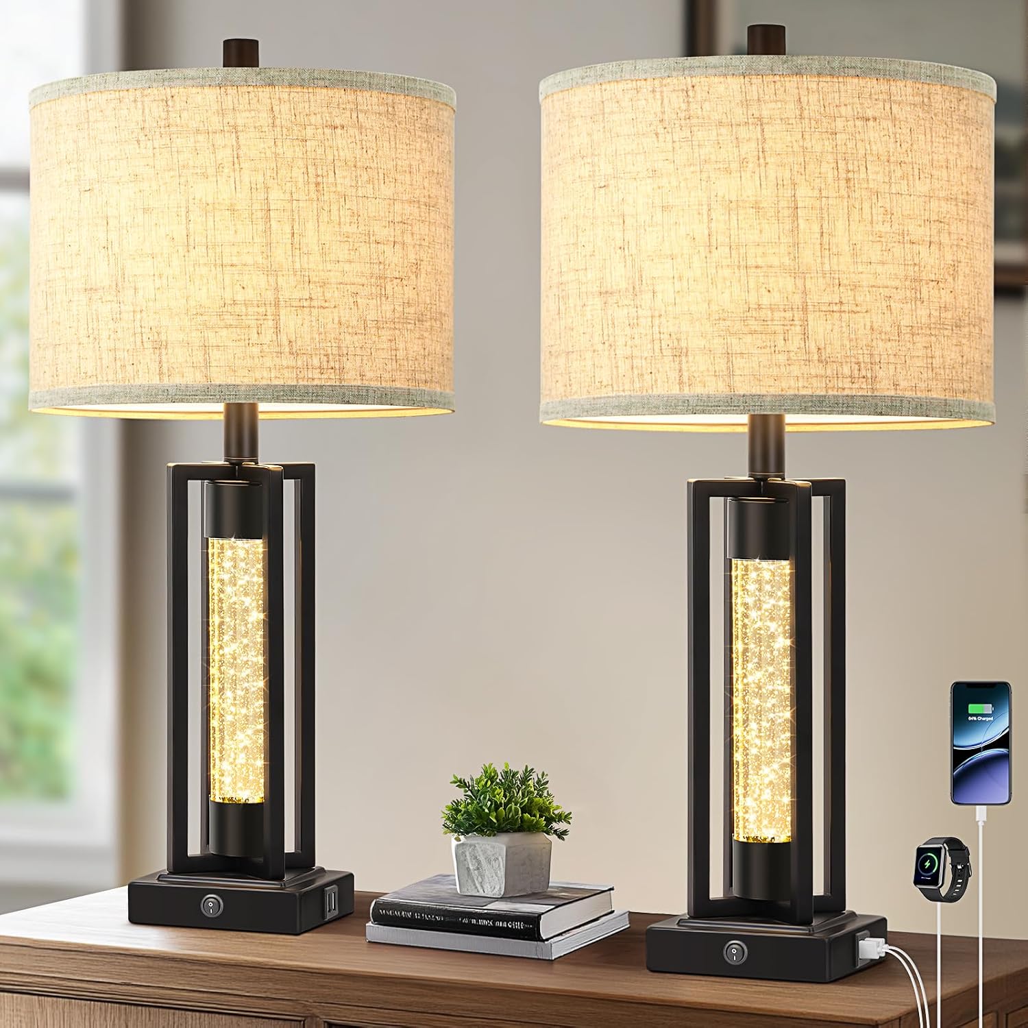 Tobusa 26’’ Farmhouse Table Lamps for Living Room with Crystal Night Light Set of 2, Modern Nightstand Lamps with 2 USB Ports, Vintage Home…