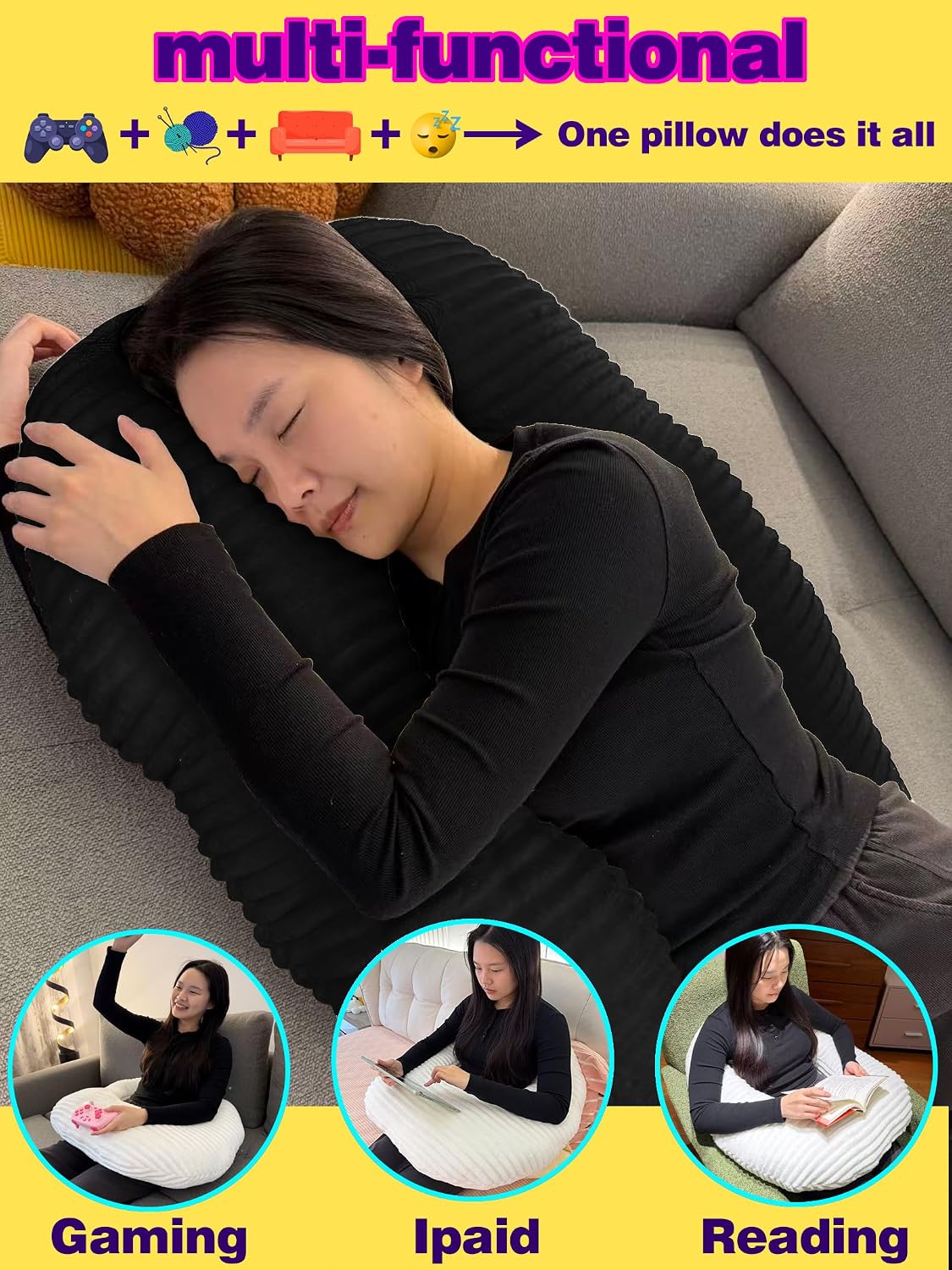 Gaming Crochet Pillow for Lap Support Lap Desk Pillow Setting in Bed or Sofa, U-Shaped Arm Pillows for Adults, Reading Pillow for Gaming…