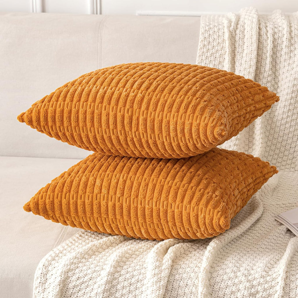 Miulee Pack of 2 Burnt Orange Corduroy Decorative Pillow Covers 18x18 Inch Soft Boho Striped Throw Pillow Covers Modern Farmhouse Home Deco…