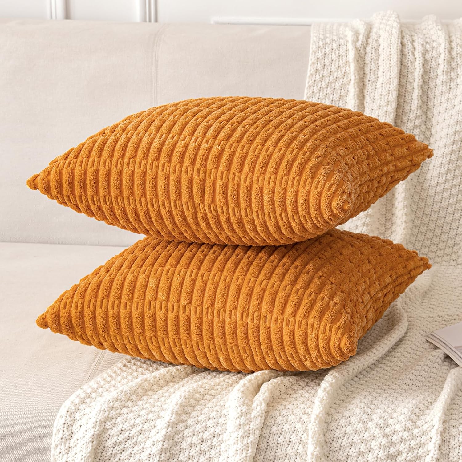 Miulee Pack of 2 Burnt Orange Corduroy Decorative Pillow Covers 18x18 Inch Soft Boho Striped Throw Pillow Covers Modern Farmhouse Home Deco…