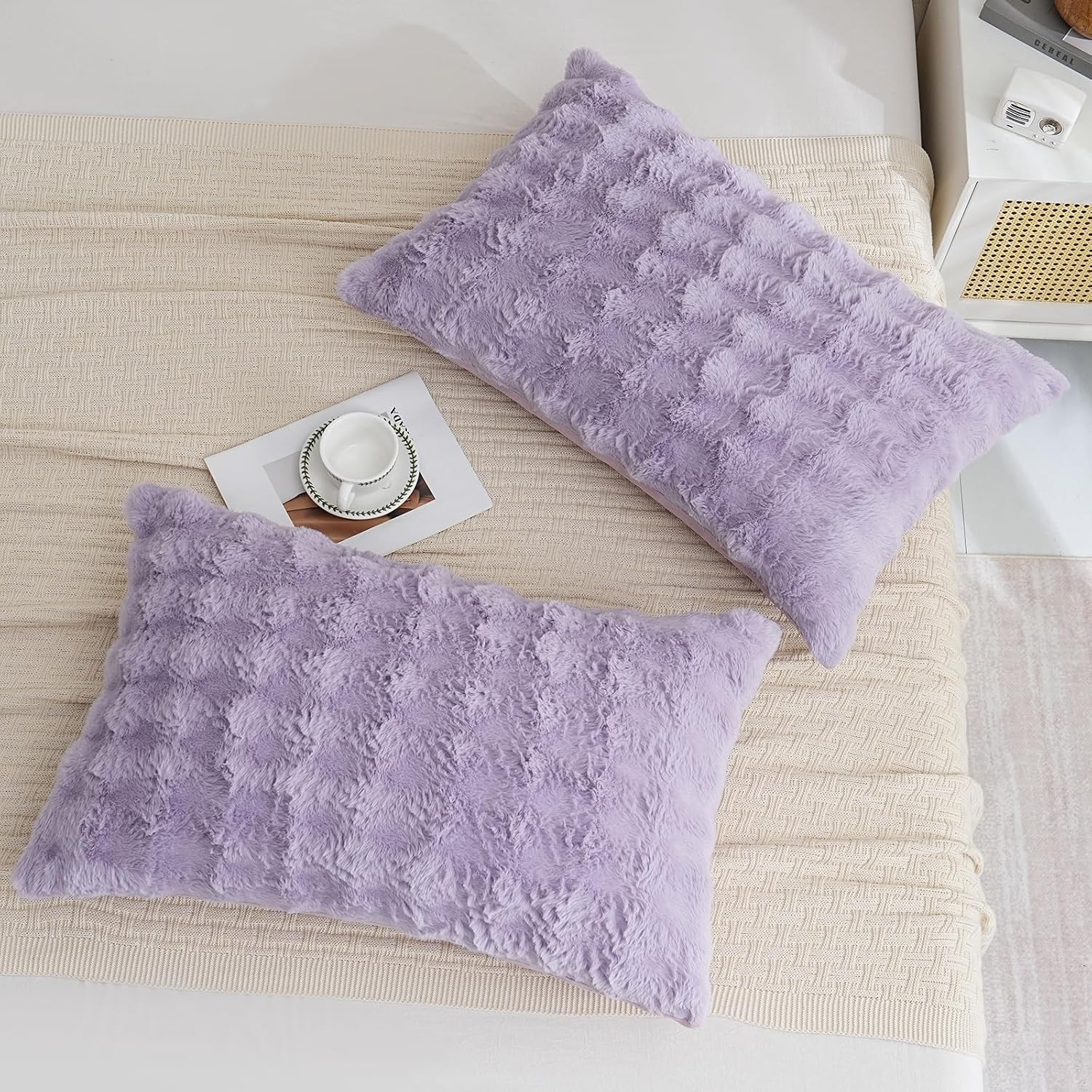 Chumerry Fuzzy Faux Fur Pillow Case Plush Shaggy Pillow Cover Plaid Check Texture Extra Soft Fluffy Faux Rabbit Fur Fabric Purple Decorativ…
