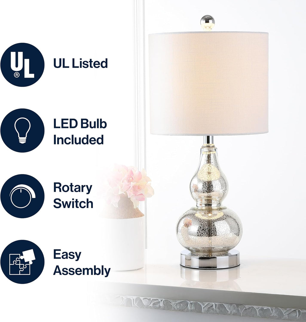 JONATHAN Y 20.5" Mercury Silver Glass Table Lamp, Modern Gourd Bedside Nightstand Lamp for Bedroom, Living Room, White Linen Shade, LED…