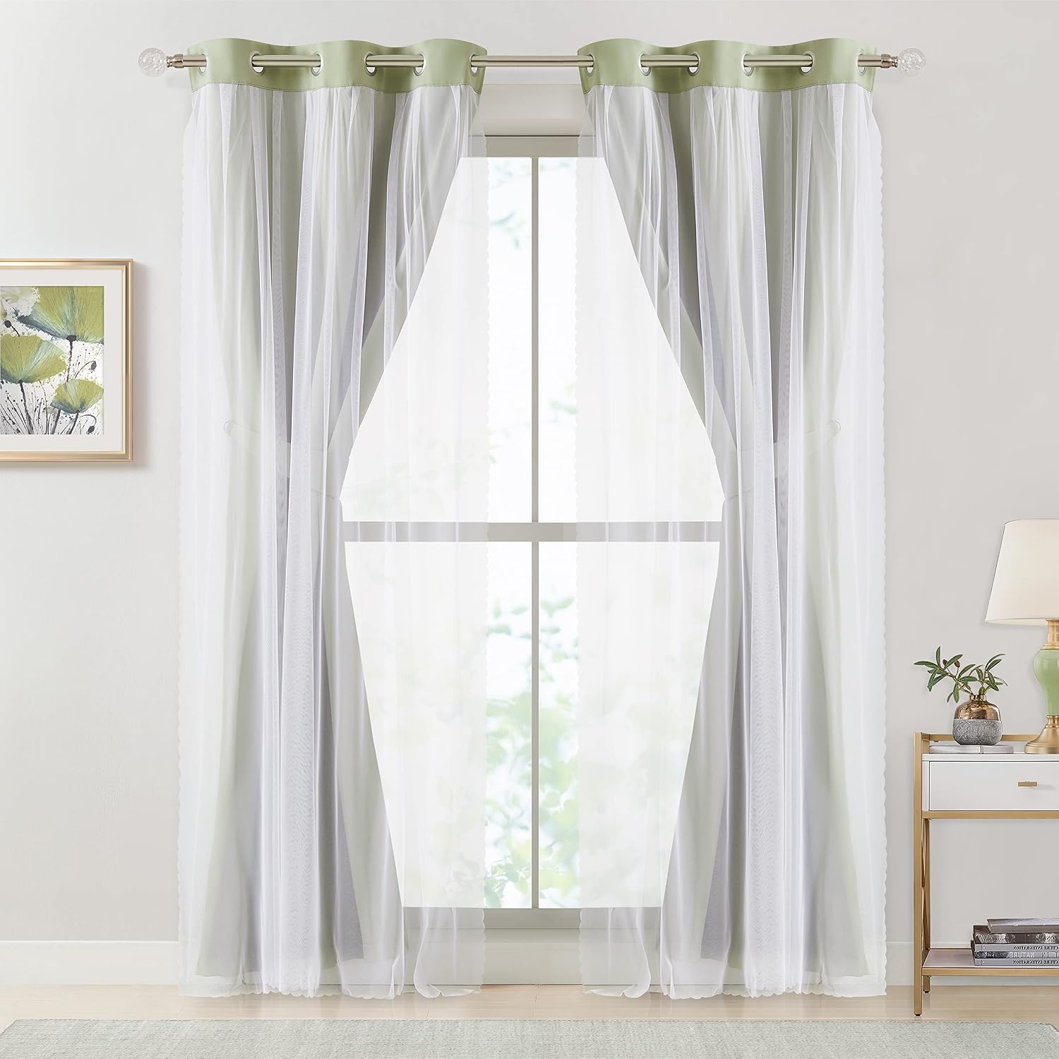 Bujasso Sage Green 90% Blackout Curtains with Sheer Overlay Mix and Match Double Layer Thermal Insulated Window Panels 84 inch Living Room…