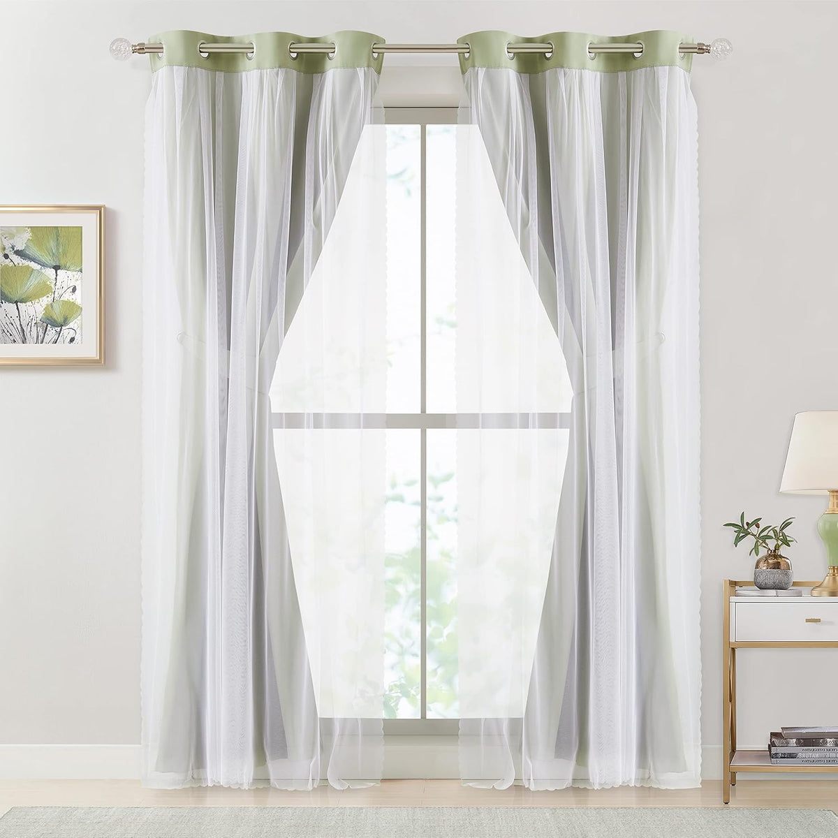 Bujasso Sage Green Blackout Curtains with Sheer Overlay Mix and Match Double Layer 90% Room Darkening Window Panels 95 inch Living Room Bed…