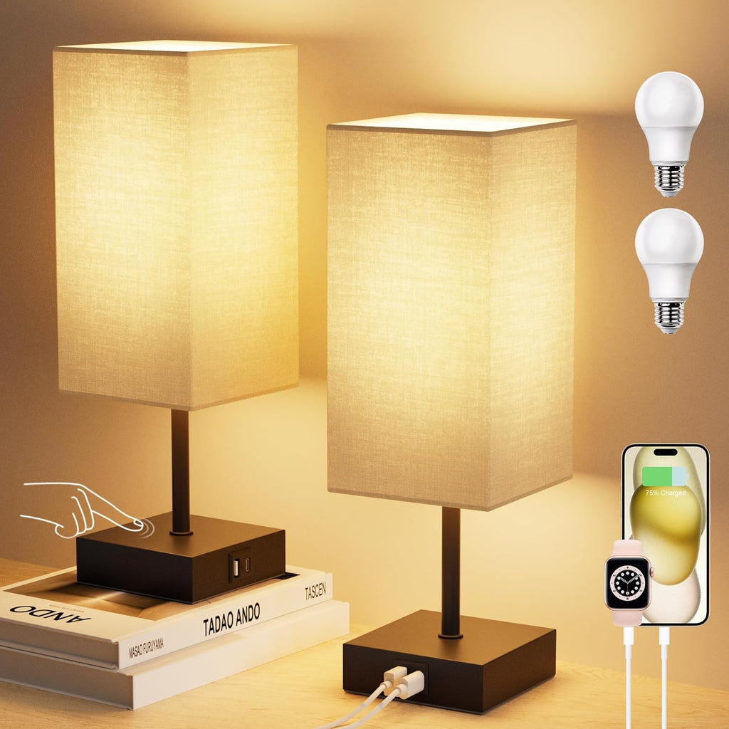 Touch Bedside Lamp for Bedroom Set of 2, 3 Way Dimmable Table Lamp with USB C+A Charging Ports, Small Nightand Lamps for Bedroom Decor…