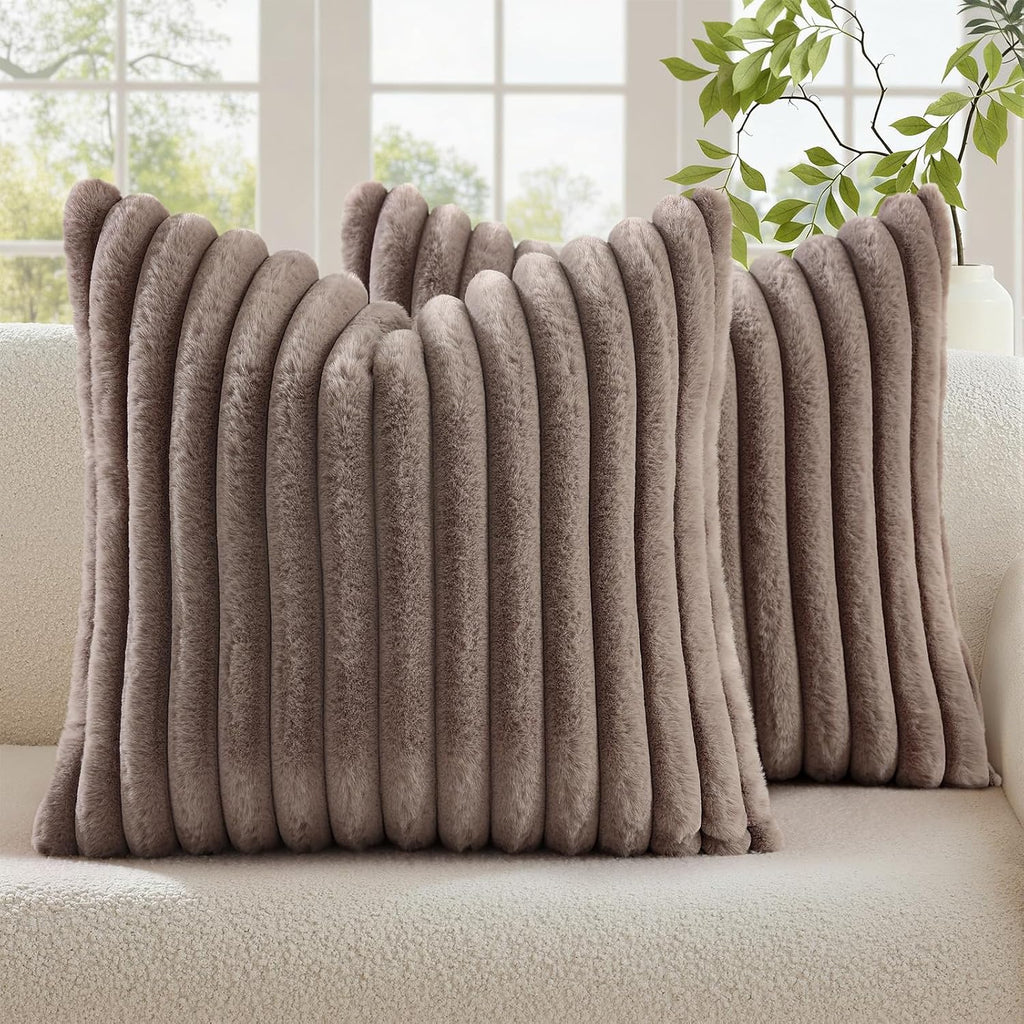 decorUhome Cozy Faux Fur Throw Pillow Covers 16x16 Set of 2 Decorative Soft Plush Striped Modern Farmhouse Boho Couch Pillow Cases with Vel…