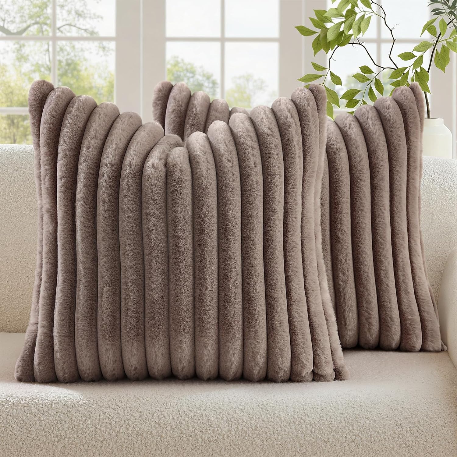 decorUhome Cozy Faux Fur Throw Pillow Covers 16x16 Set of 2 Decorative Soft Plush Striped Modern Farmhouse Boho Couch Pillow Cases with Vel…