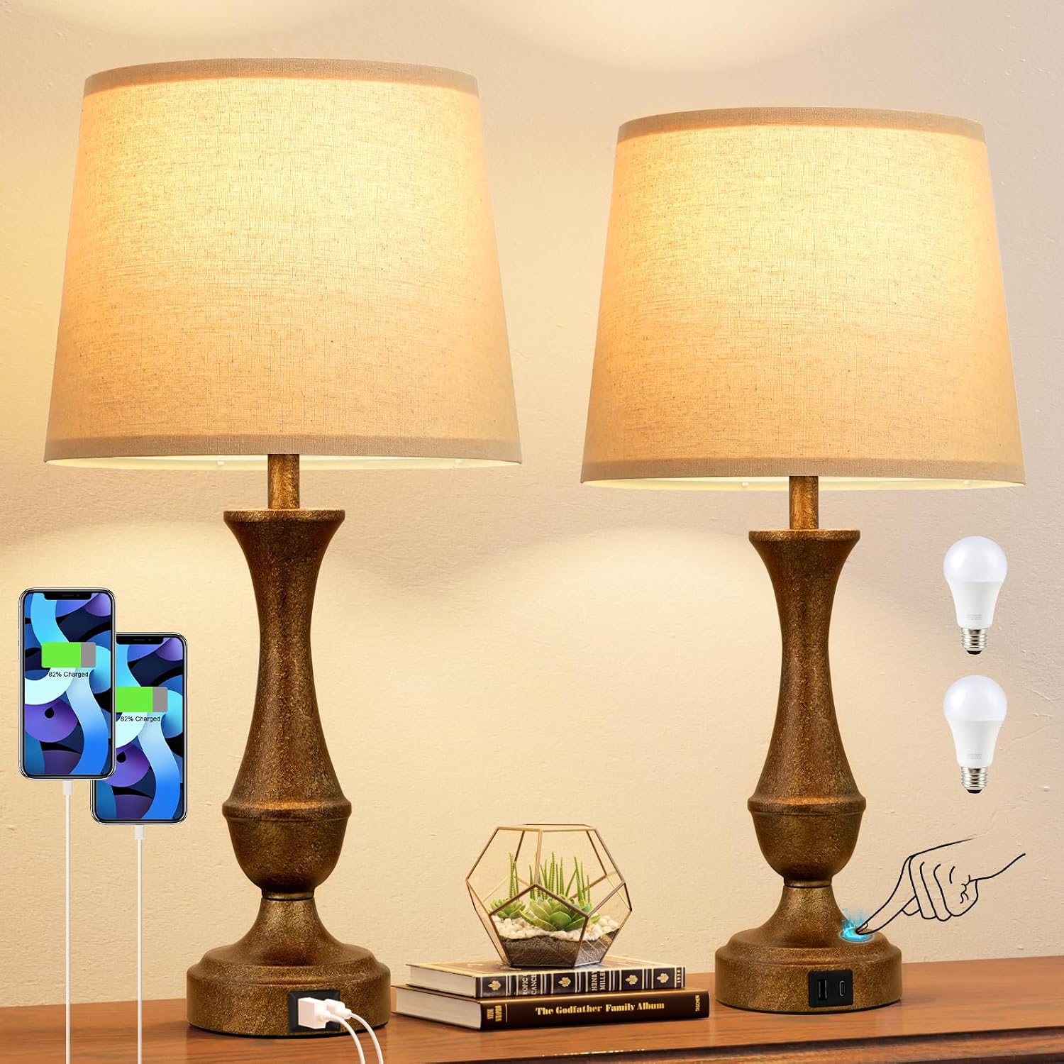 Seealle Upgraded Touch Lamps for Night Stands Set of 2 - Bedside Lamps with USB C+A, 3 Way Dimmable for Bedroom Living Room End Tables…