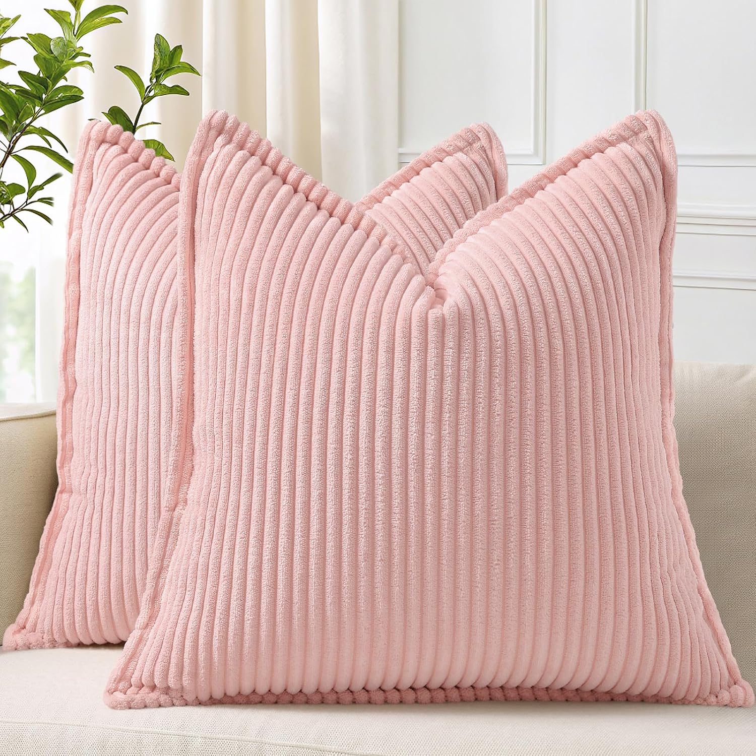 decorUhome Summer Corduroy Pink Throw Pillow Covers 18x18 Set of 2 Decorative Soft Boho Farmhouse Couch Pillow Covers for Living Room Bed S…
