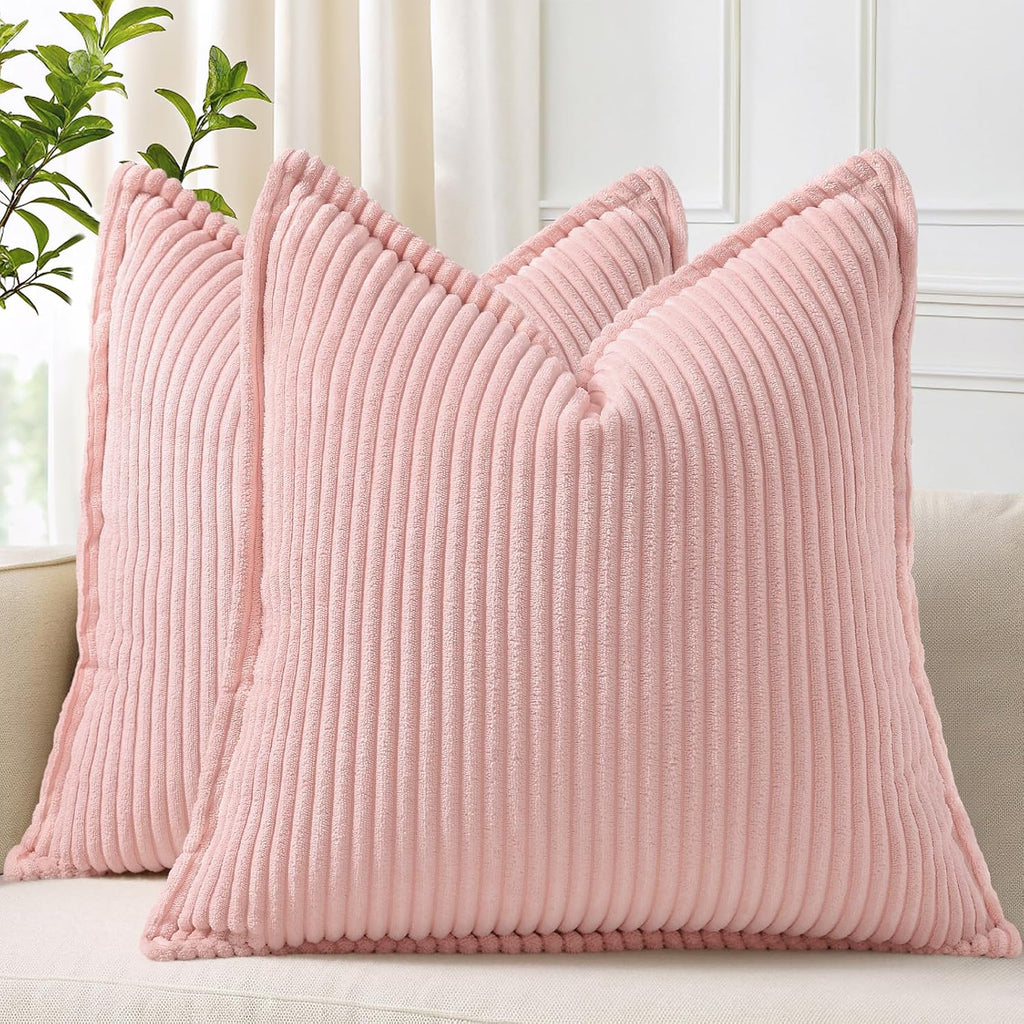 decorUhome Summer Corduroy Pink Euro Sham Throw Pillow Covers 22x22 Set of 2 Decorative Soft Boho Farmhouse Couch Pillow Covers for Living…