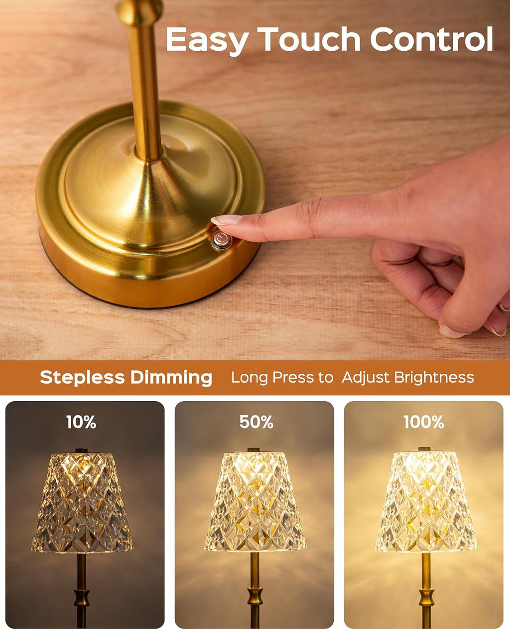 JACKYLED Cordless Lamp Rechargeable, Acrylic Crystal Lampshade, 3 Colors with Built-in Dimmer, 5400mAh Battery Operated, Wireless Lamp…