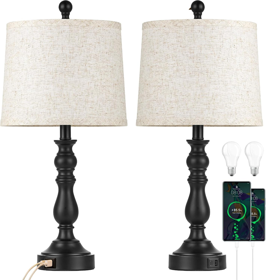 23'' Farmhouse Table Lamps for Living Room Set of 2 with USB C+A Ports, Retro Bedside Lamp for Bedroom, Office, Dining Room, Knob Switch…