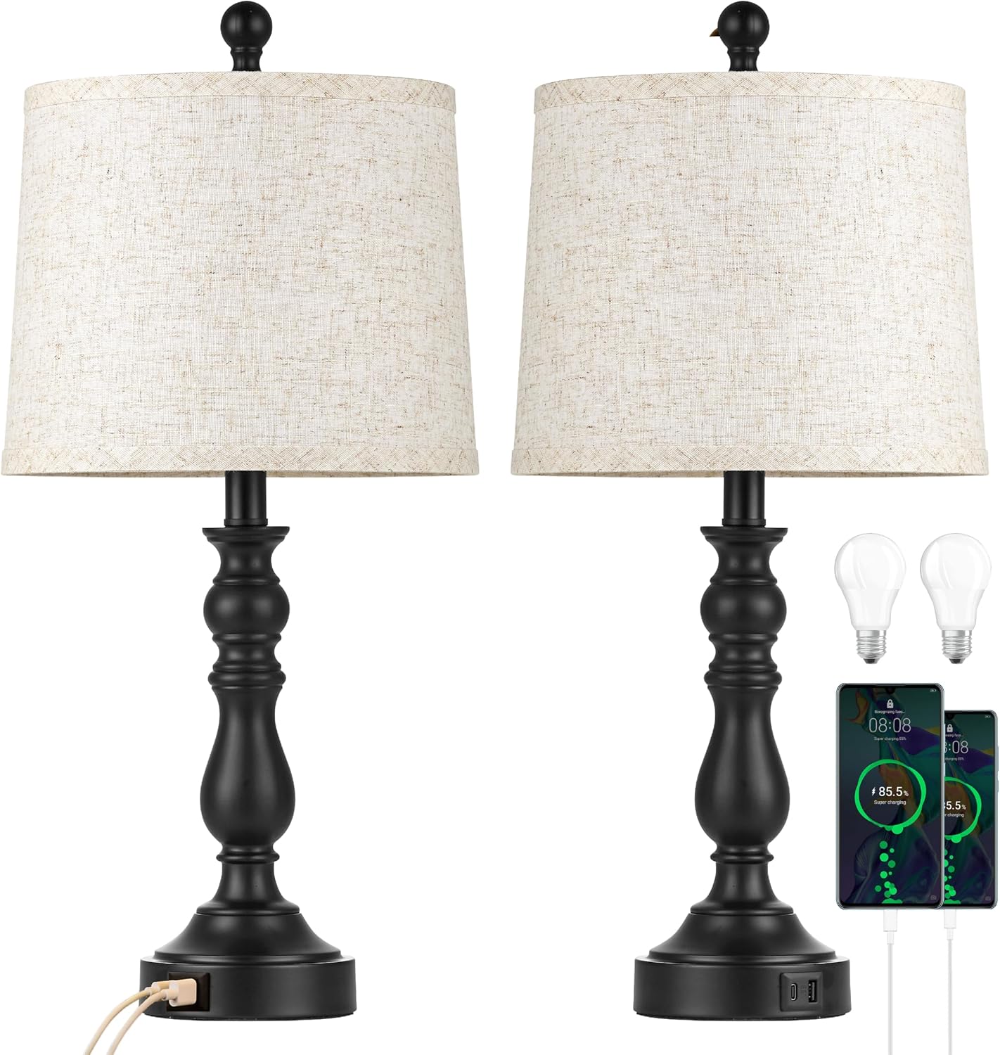 23'' Farmhouse Table Lamps for Living Room Set of 2 with USB C+A Ports, Retro Bedside Lamp for Bedroom, Office, Dining Room, Knob Switch…