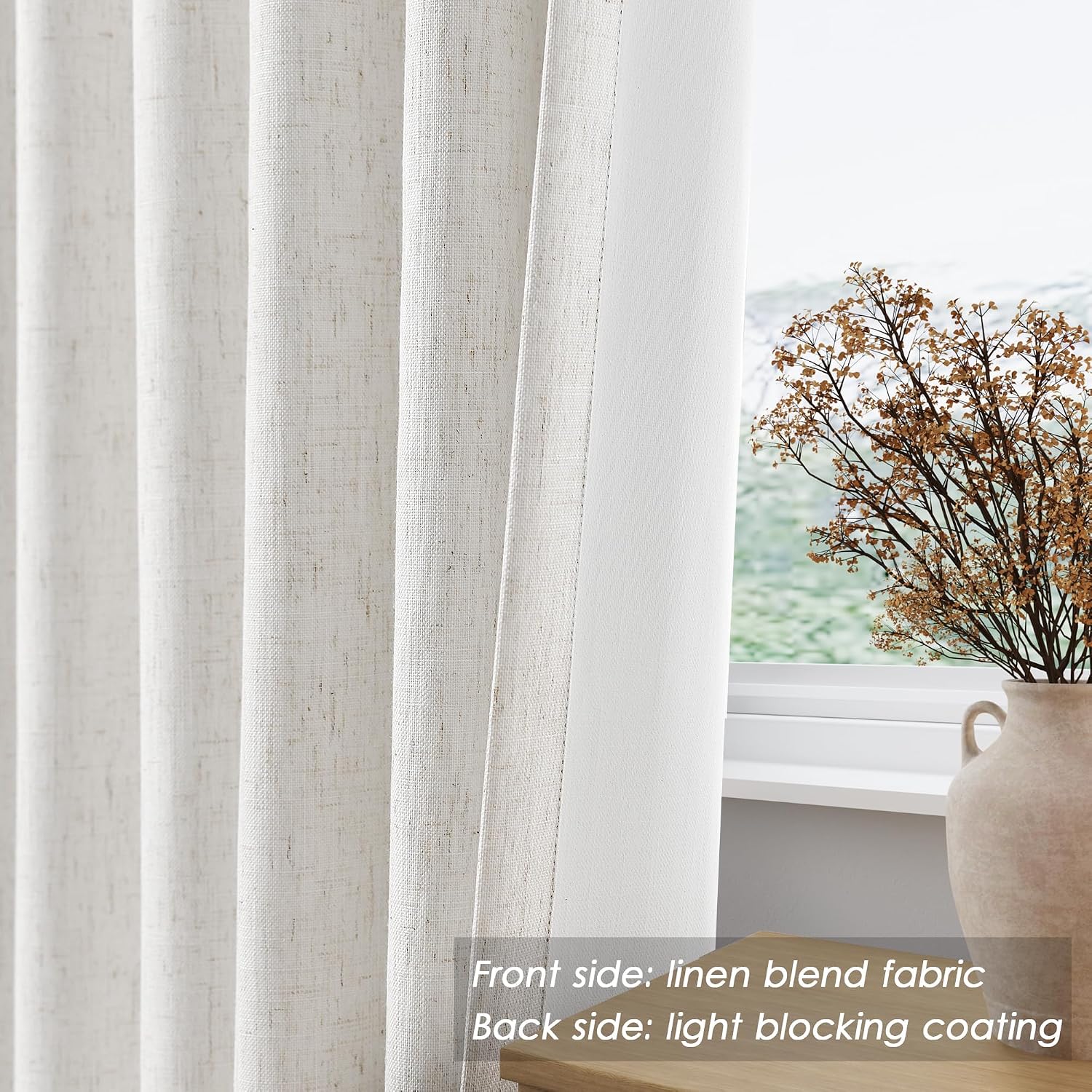 Nanspring Cream 100% Blackout Linen Curtains for Bedroom 126 Inches Long Back Tab Thermal Insulated Neutral Country Farmhouse Decor Black O…