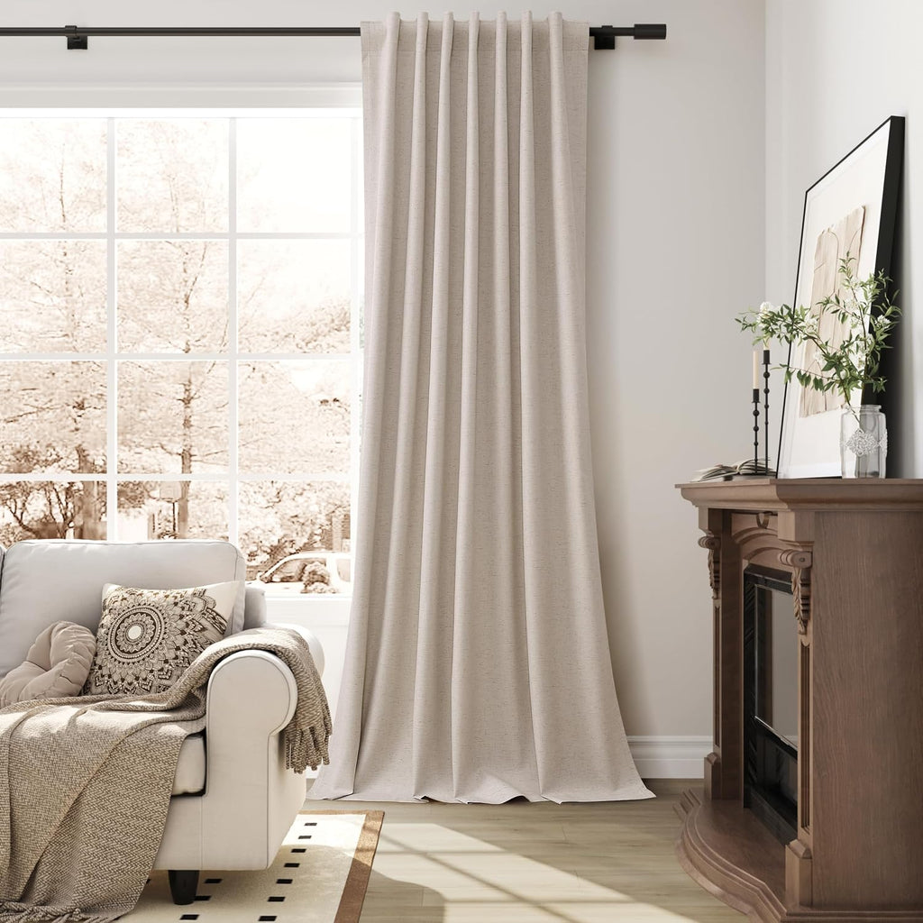 Guken Oatmeal 100% Blackout Linen Curtains for Bedroom 108 Inch Length Hook Belt Textured Neutral Room Darkening Thermal Insulated Soundpro…