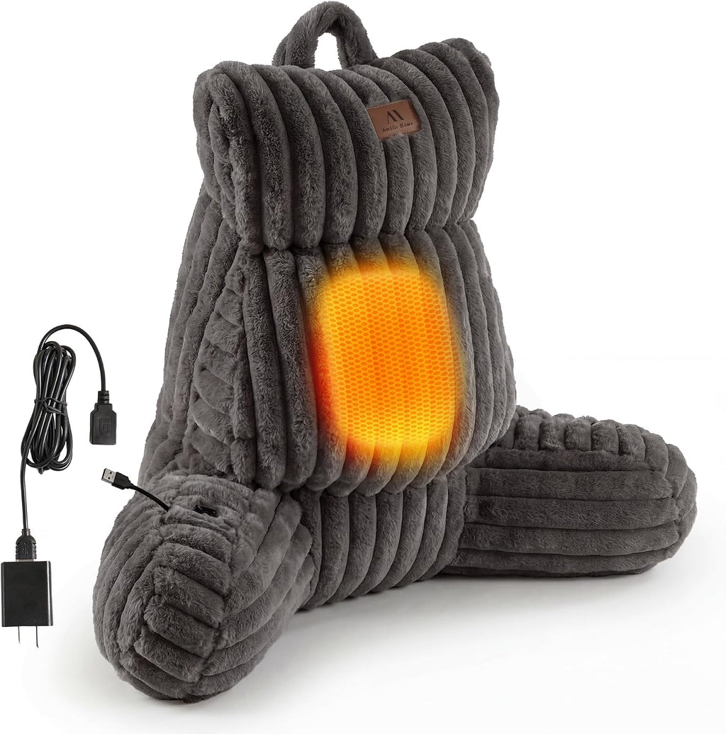 Amélie Home Heated Faux Fur Reading Pillow 3 Temperature Backrest for Sitting in Bed Support Cushion, USB-Powered(No Power Bank Included)…