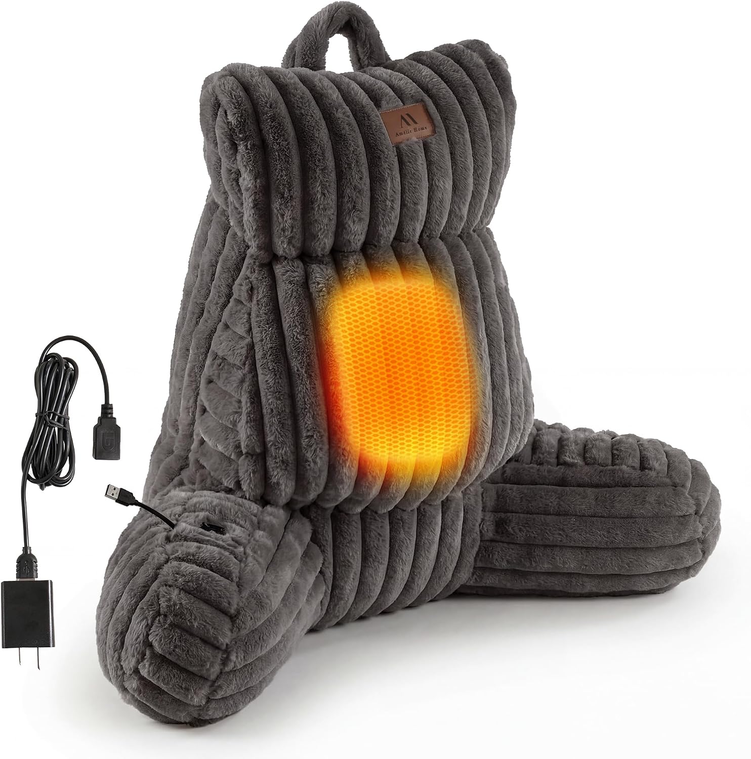 Amélie Home Heated Faux Fur Reading Pillow 3 Temperature Backrest for Sitting in Bed Support Cushion, USB-Powered(No Power Bank Included)…