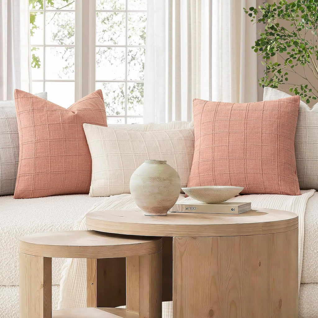Foindtower Set of 1 Decorative Linen Check Throw Pillow Cover Neutral Farmhouse Lumbar Cushion Cover Modern Boho Accent Home Decor for…