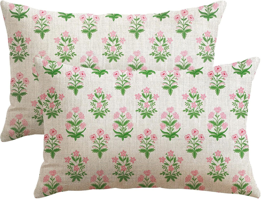 OTOSTAR Floral Print Pillow Covers 12x20 Inch Pack of 2 Double-Sided Pink Green Flower Lumbar Throw Pillow Covers Farmhouse Rustic…