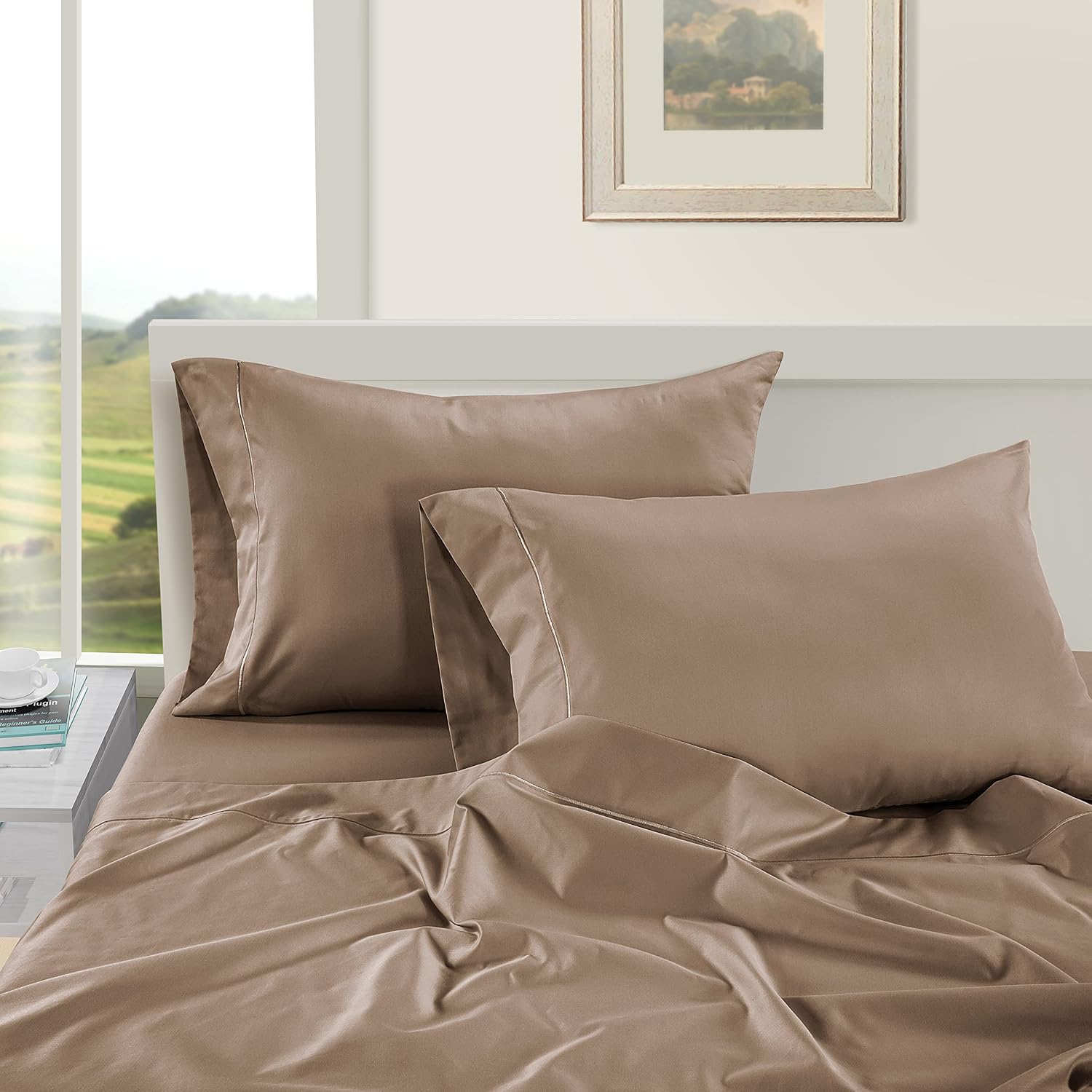 LaneLinen LANE LINEN Pillow Case Covers King Set of 2 100% Egyptian Cotton Sateen Soft Cool & Smooth Cases - Taupe Cotton