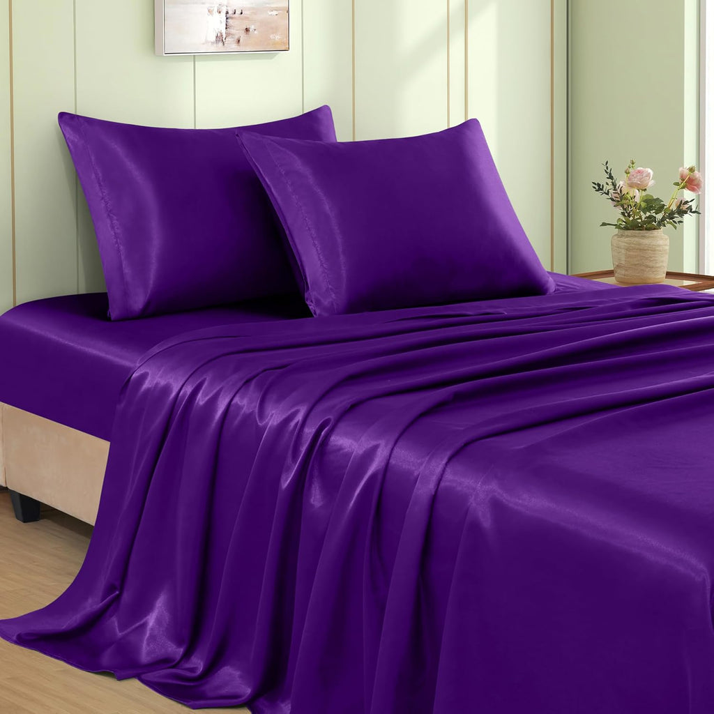 VACVELT 4pcs Purple Satin Sheets King Size Bed Set, 15 Inch Deep Pocket Silky Satin Sheet Set, Soft Satin Bedding Set Cooling & Luxury…