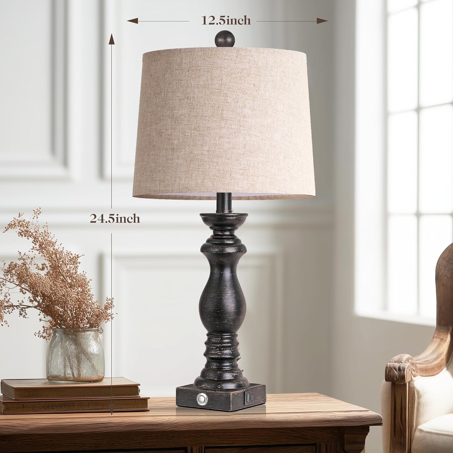 24.5" Table Lamp Set of 2, Rustic Farmhouse Bedside Lamps with USB A+C Charging Ports, 3-Way Dimmable Touch Control Nightstand Lamps for…