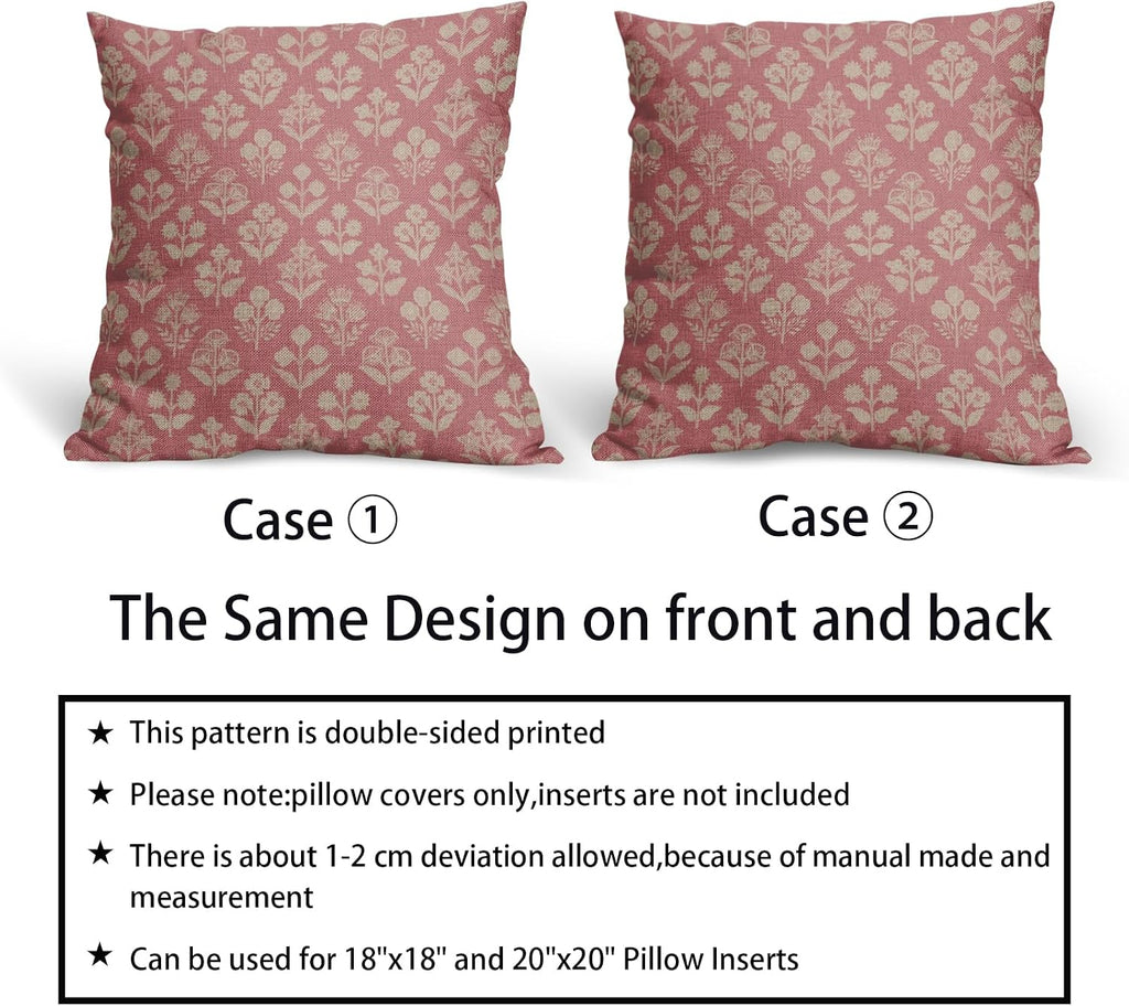 Pink Floral Block Print Pillow Covers 18x18 Inch Set of 2, Vintage Flower Pattern Decorative Throw Pillowcases Outdoor Farmhouse Cushion…