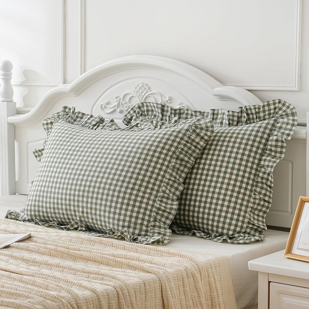 Qilunn 2 Pack Sage Green White Plaid Ruffle Pillow Shams Standard Size 20x26 inches, 100% Cotton Gingham Checkered Farmhouse Pillowcases fo…