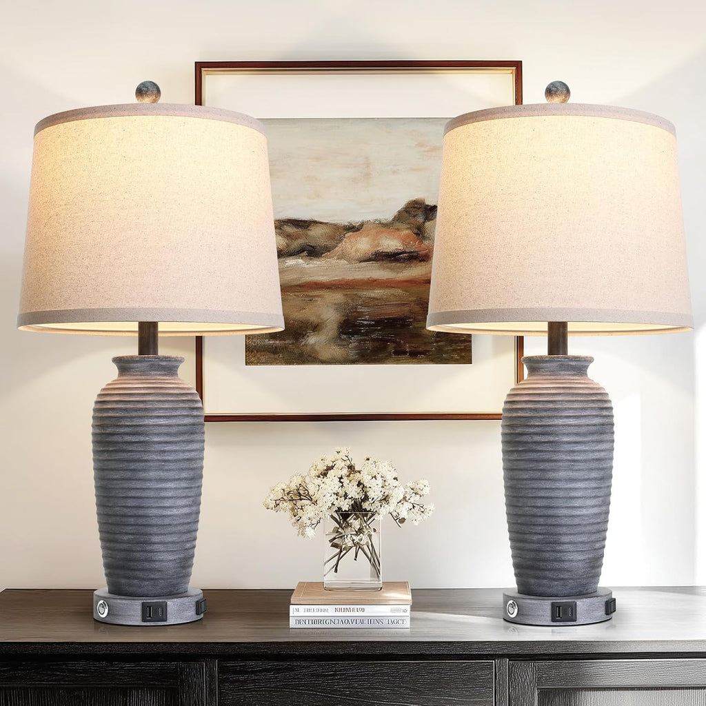 CINSARY 25" Retro Distressed Black Farmhouse Jar Table Lamps Set of 2, 3 Way Touch Control Rustic Bedside Lamps with USB A+C Ports & AC…