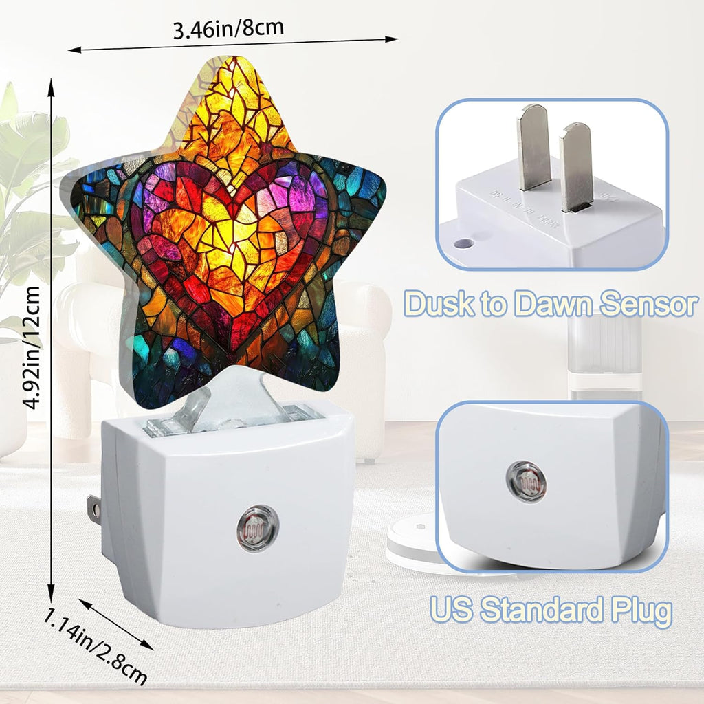 Snowmolle Love Heart Stained Glass Night Lights Plug Into Wall, Abstract Star Night Light for Kids, Nightlight with Dusk to Dawn Smart Sensor…